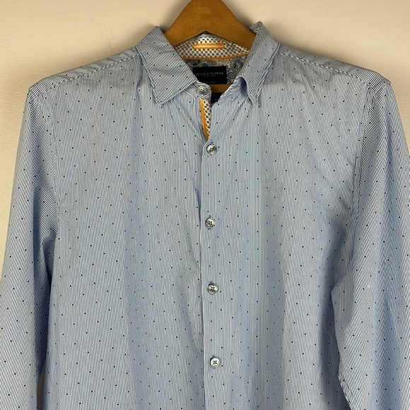 Denim & Flower Ricky Singh Men Dress Shirt SZ L Slim Fit Blue Stripes and Dots - Picture 2 of 11